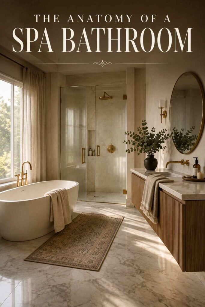 Corner view of greige spa bathroom showing tub, shower, and vanity — spa bathroom design.