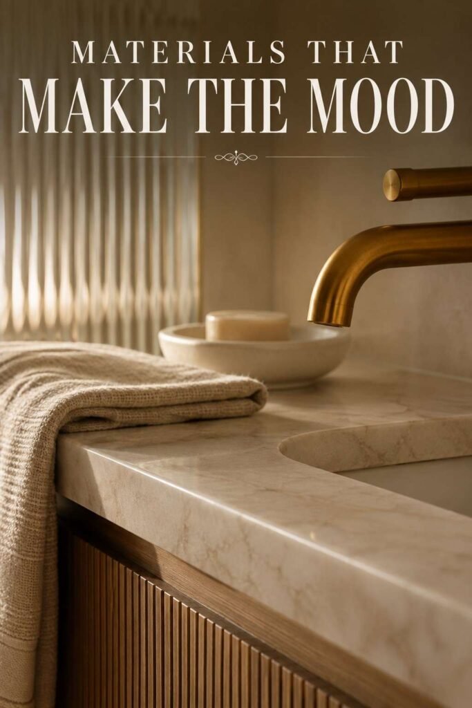 Close-up of marble countertop and brass faucet detail — spa bathroom countertop idea.