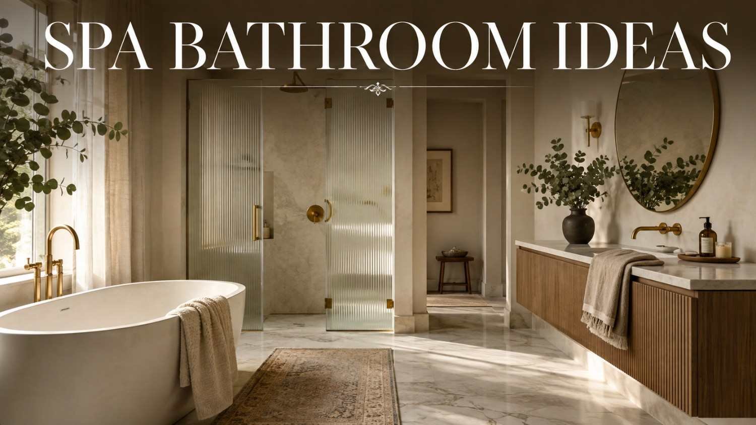 Warm greige spa bathroom with freestanding tub, brass mirror, and morning light — spa bathroom idea.