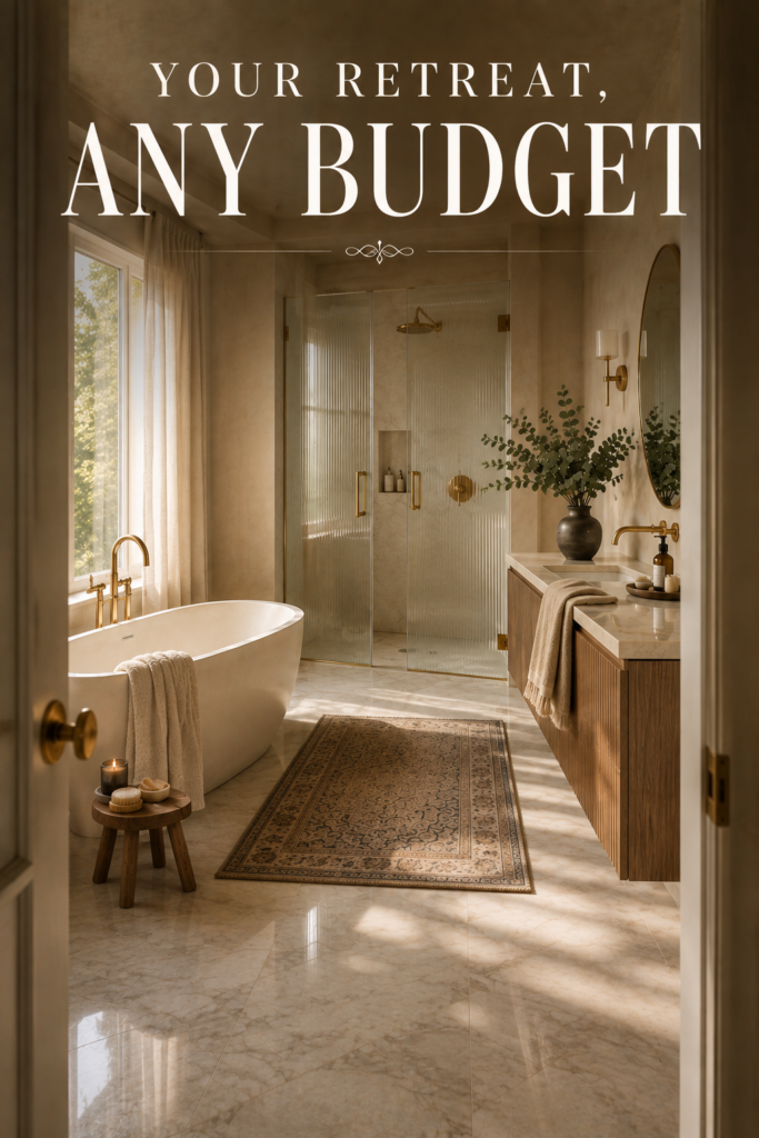 Spa bathroom viewed through doorway with tub and brass mirror — spa bathroom retreat idea.