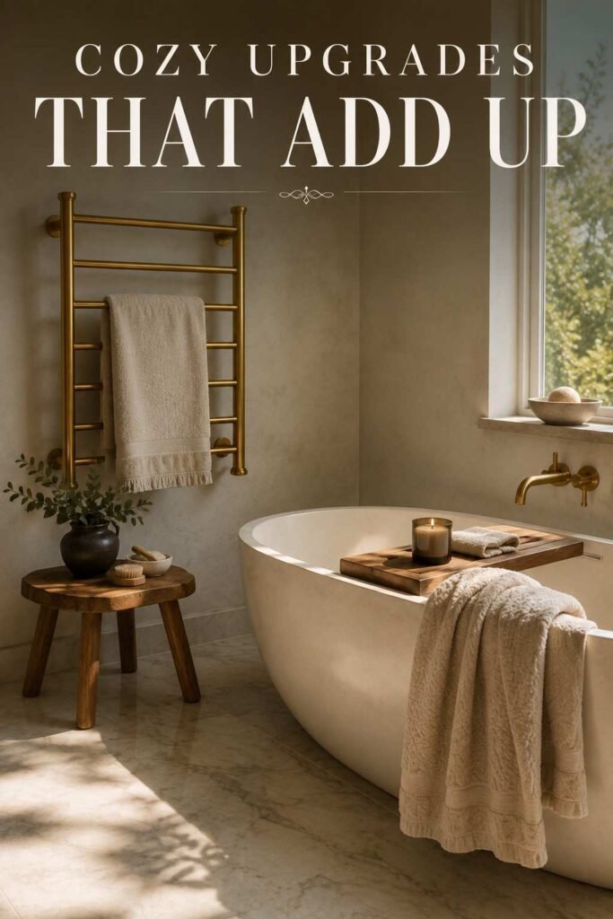 Tub-side vignette with wood tray, towel warmer, and linen towel — spa bathroom idea.