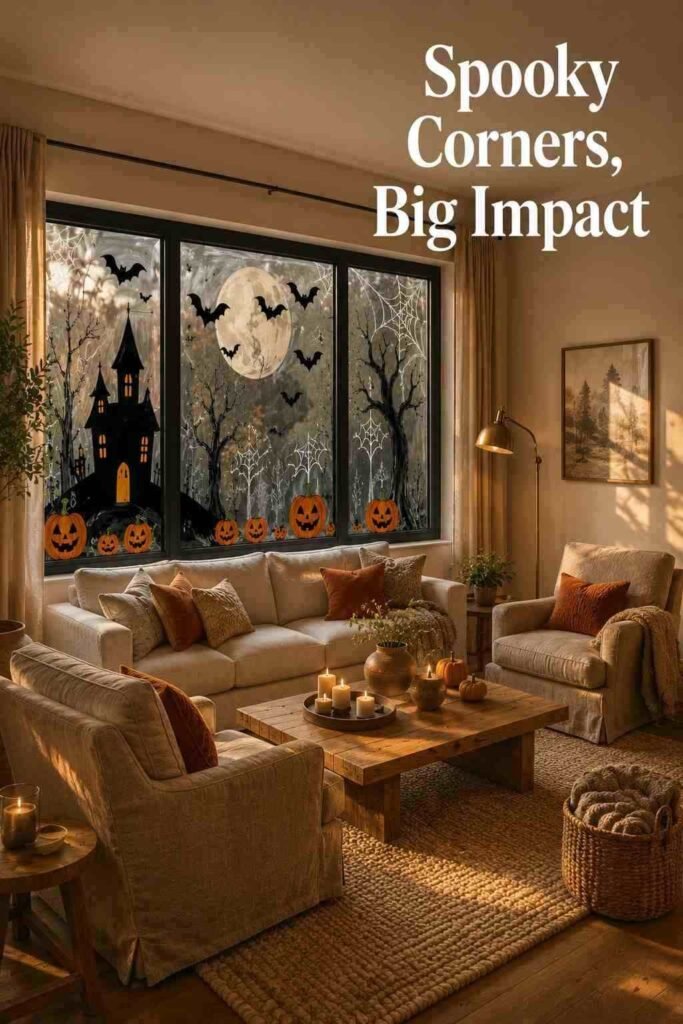 Three-quarter view of a warm living room with painted Halloween windows and neutral furnishings.