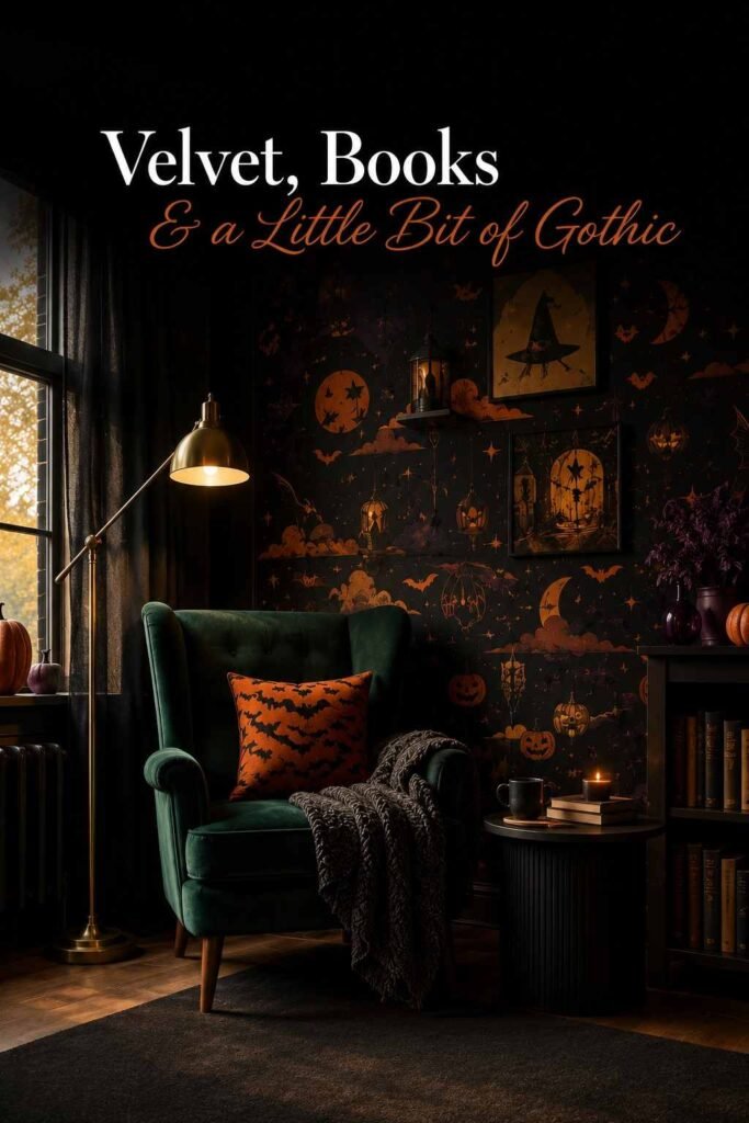 Halloween Wallpaper: 30 Spooky, Cute & Aesthetic Ideas for Every Screen in 2026 4 Emerald-green velvet armchair and black side table styled with books and a throw blanket in front of a Halloween-themed wall.