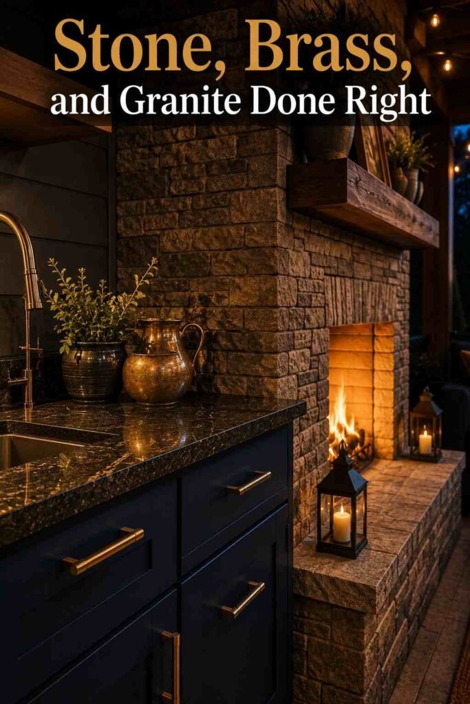Cozy 25 Covered Outdoor Kitchen with Fireplace and Seating Area Ideas for Every Backyard Style 5 Close-up of a stacked-stone fireplace, black granite countertop edge, and brass cabinet hardware outdoors.