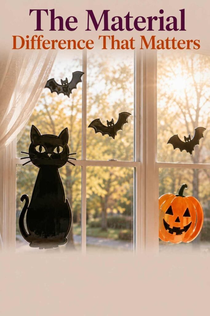 Elevated 24 Halloween Window Clings and Decals Ideas to Transform Every Window This Fall 4 Close-up of a glossy, semi-translucent Halloween window cling on glass, showing its sticker-like texture and soft shadow.