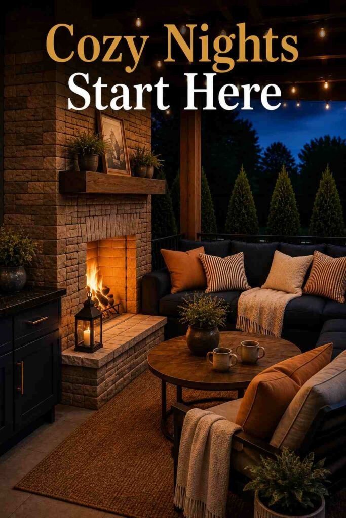 Cozy 25 Covered Outdoor Kitchen with Fireplace and Seating Area Ideas for Every Backyard Style 7 Styled outdoor fireside seating area with a folded throw blanket and mugs on a teak coffee table at dusk.