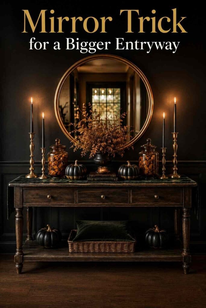 Symmetrical view of a black and gold Halloween entryway table centered beneath a round brass mirror.