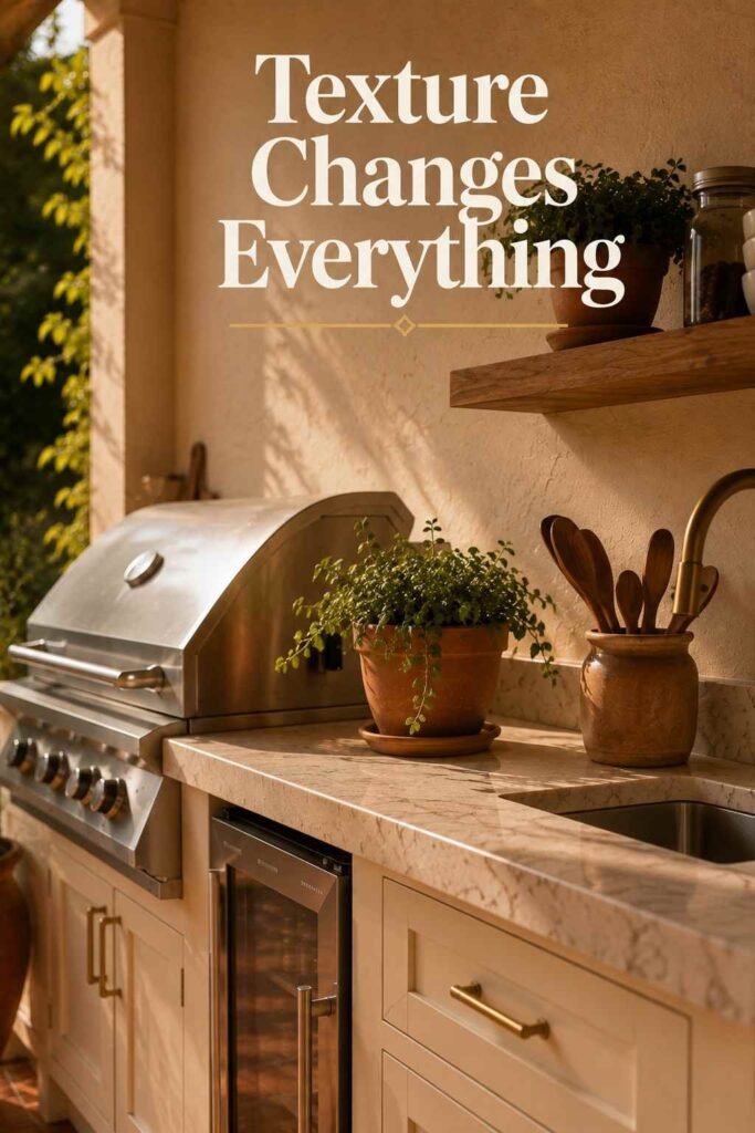 Terracotta planter, cream cabinetry, wood shelving, and stone countertop in an outdoor kitchen.