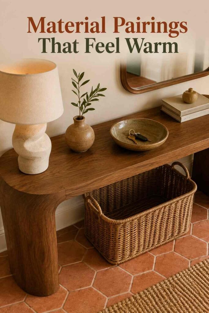 Close-up of hexagonal terracotta floor tile beneath a walnut console table leg, with a cream ceramic lamp base visible above.
