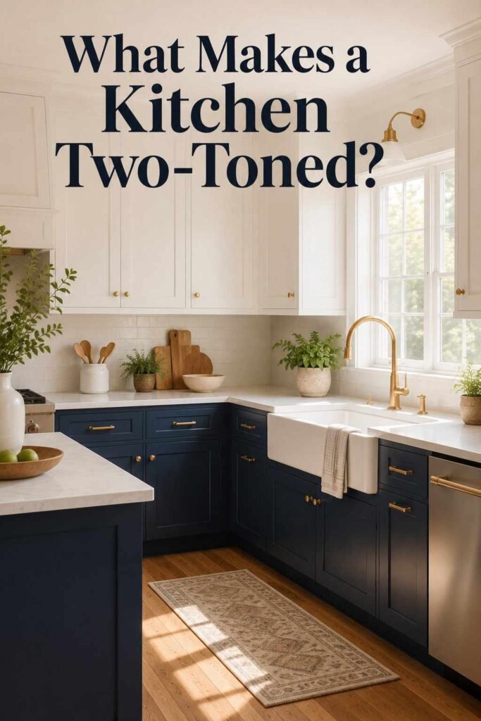 Corner view of navy and white kitchen cabinets showing wall depth and oak flooring.