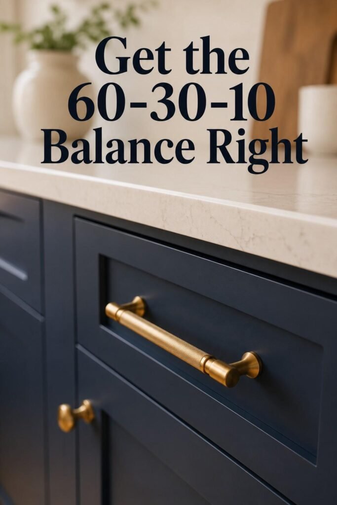 Close-up of brass hardware on navy shaker cabinet, a detail from two tone kitchen cabinets design.