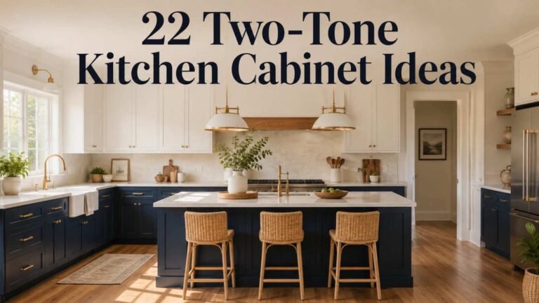 White and navy blue transitional kitchen with brass hardware — classic two tone kitchen cabinets idea.