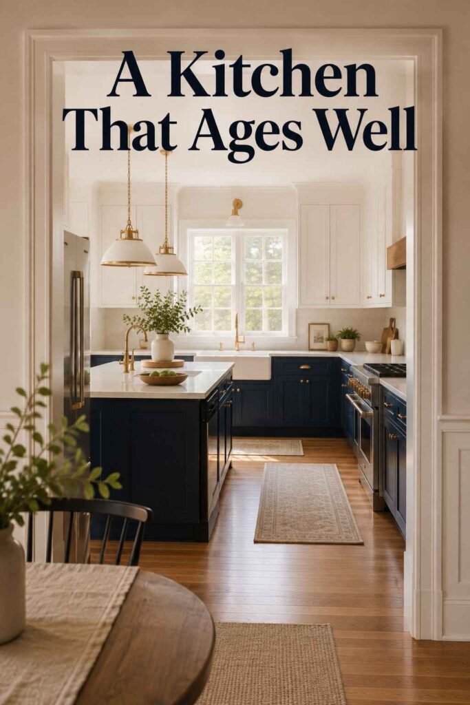 Navy and white two tone kitchen cabinets framed through a doorway from the dining room.