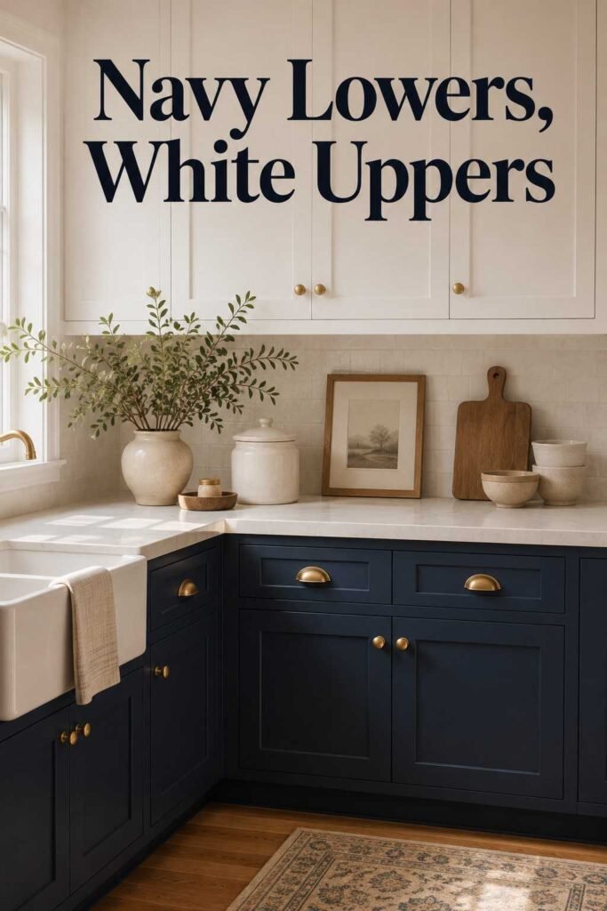 Navy blue lower cabinets styled beneath white uppers, a popular two tone kitchen cabinets pairing."