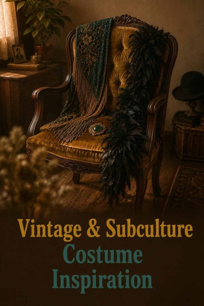 Beaded fabric, feather trim, and an antique brooch styled as a vintage niche Halloween costume.