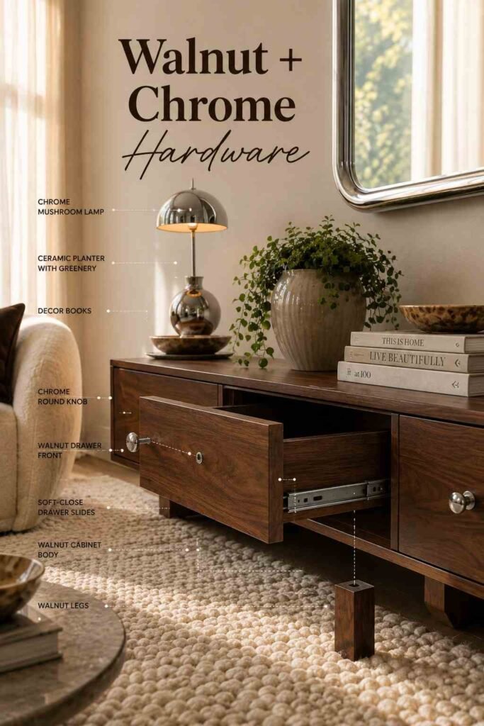 Chrome Living Room Ideas to Create a Sleek, Modern Space in 2026 2 Walnut media console with chrome hardware styled with a plant and books.