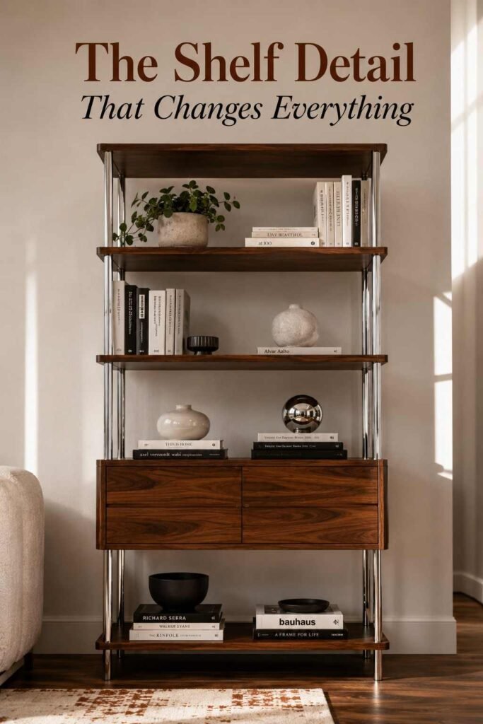 Walnut wood open shelving unit supported by chrome brackets, styled with books, a plant, and ceramics.