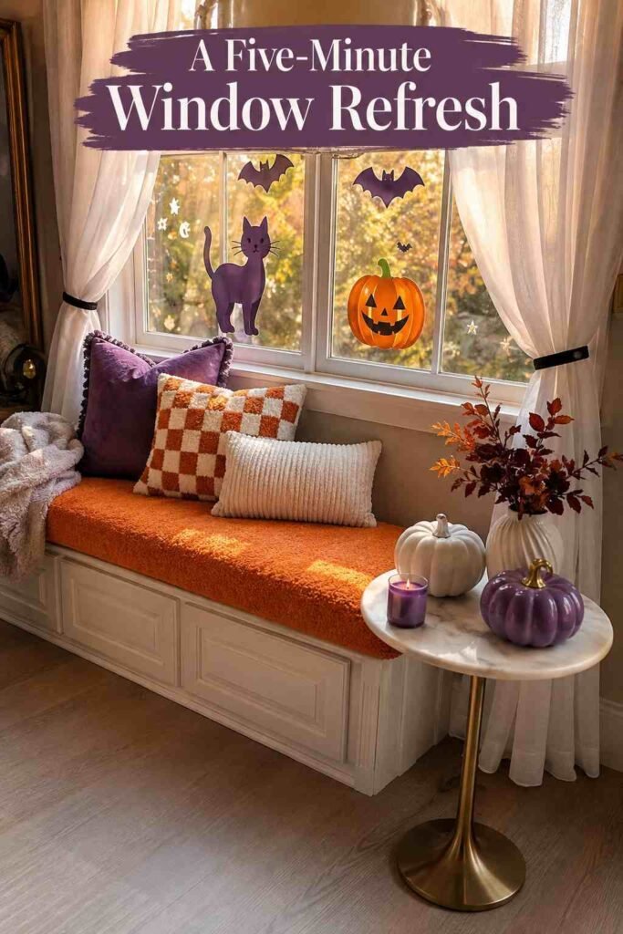 Elevated 24 Halloween Window Clings and Decals Ideas to Transform Every Window This Fall 5 Elevated view of a window seat nook showing how curtains, table, and glass clings work together as a functional display.