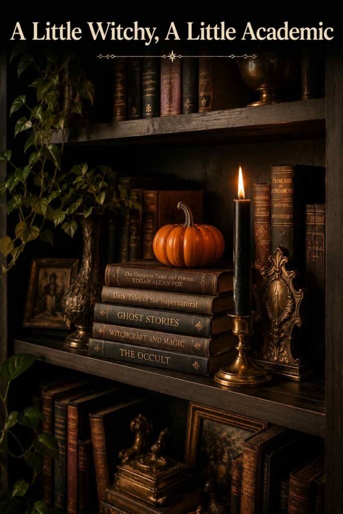 Halloween Aesthetic: 12 Iconic Ideas to Style Your Spookiest Season Yet 4 Built-in bookshelf styled with stacked leather-bound books, a brass bookend, a lit black candle, and a small pumpkin.