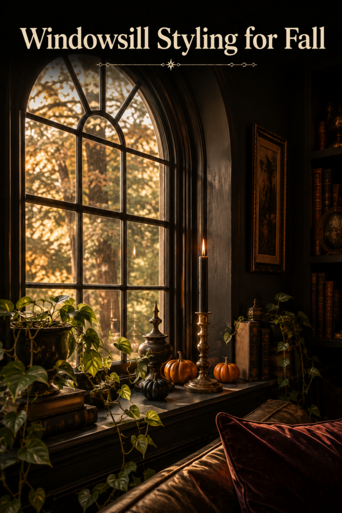 Halloween Aesthetic: 12 Iconic Ideas to Style Your Spookiest Season Yet 7 Backlit window sill styled with small black pumpkins, a taper candle, and a trailing potted plant against afternoon light.