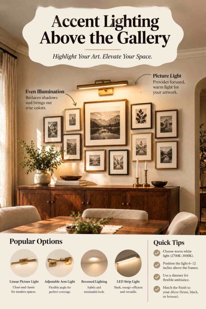 Accent lighting above a gallery wall highlighting framed artwork with warm picture lighting in a dining room.