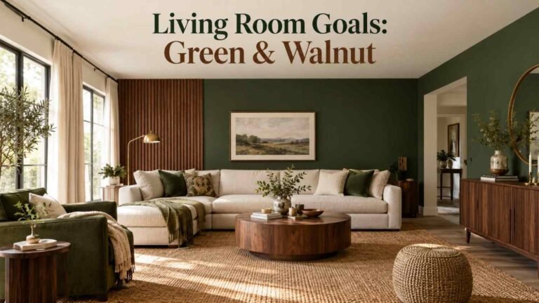 Living room with a deep green and walnut wood-slat accent wall behind a linen sofa.