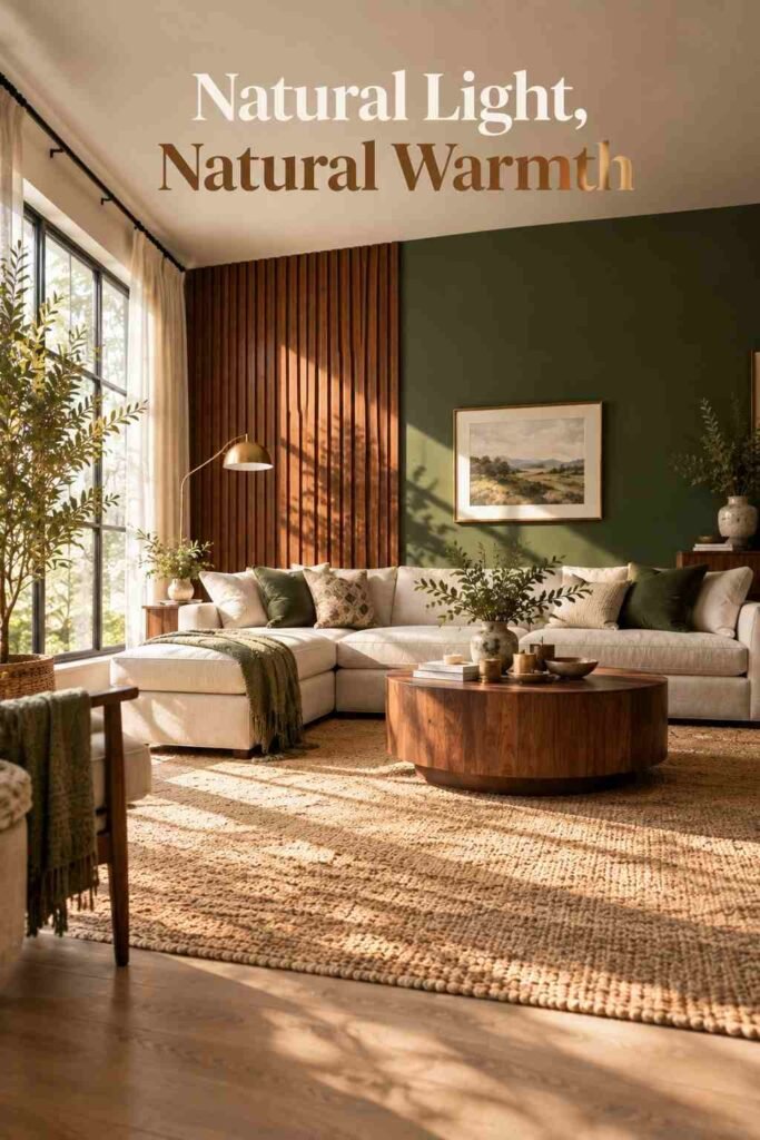 Natural daylight crossing a green and wood accent wall in a living room.
