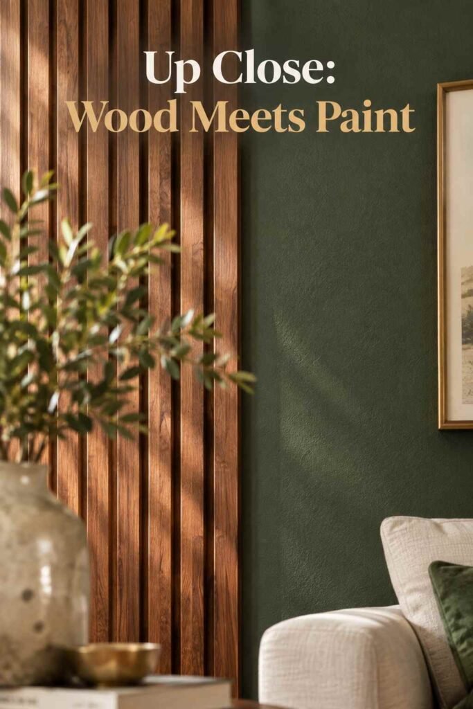 Close-up of wood grain and green paint texture on a living room accent wall.