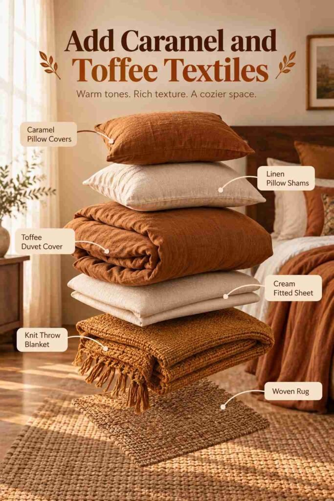 Exploded view of caramel and toffee-colored bedding, pillows, linen sheets, a knit throw, and woven rug layered over a cozy, warm-toned bedroom.