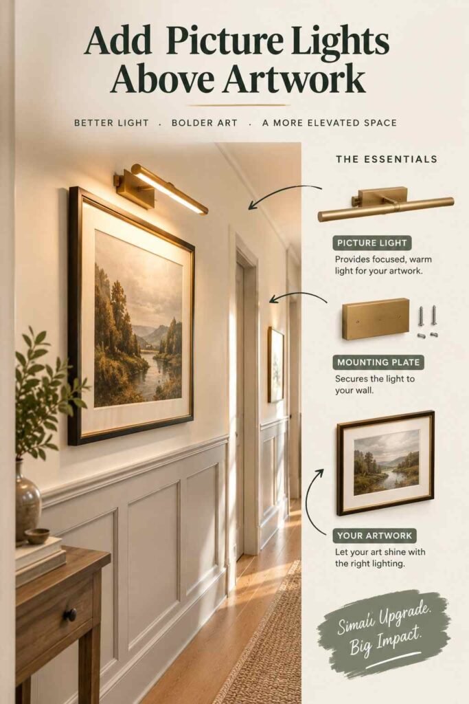 Narrow Hallway Ideas That Make a Tight Corridor Feel Wider, Brighter, and Full of Character 4 Narrow hallway featuring framed artwork illuminated by a warm brass picture light above the artwork, with decorative wainscoting and natural wood accents.