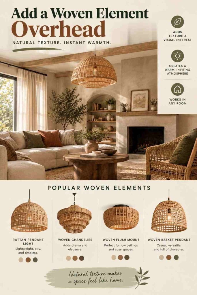 Warm living room with a woven rattan pendant light adding natural texture overhead.