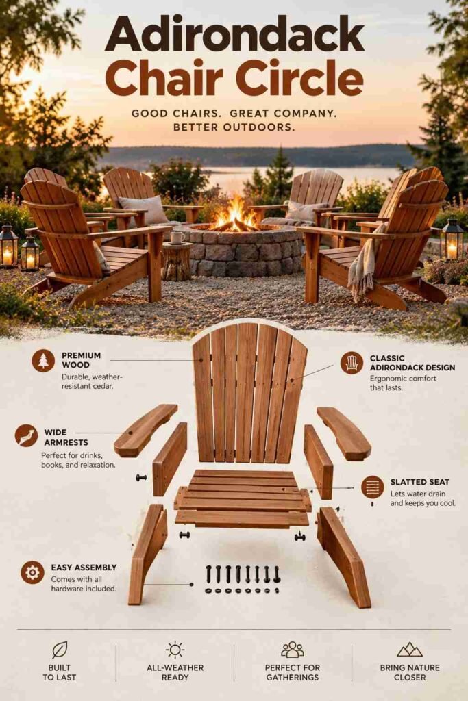 Cozy Outdoor Backyard Ideas to Transform Your Outdoor Space 4 Adirondack chair circle arranged around a backyard fire pit with warm wood seating and a scenic outdoor setting.