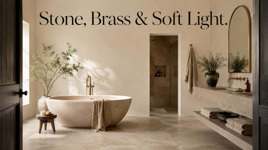 Minimalist bathroom with a freestanding stone soaking tub, floating taupe vanity, and arched brass mirror lit by soft morning light.