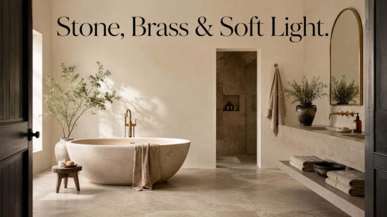 Minimalist bathroom with a freestanding stone soaking tub, floating taupe vanity, and arched brass mirror lit by soft morning light.