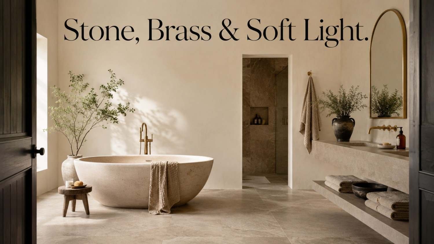 Minimalist bathroom with a freestanding stone soaking tub, floating taupe vanity, and arched brass mirror lit by soft morning light.