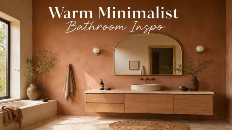 Floating oak vanity with travertine countertop and arched brass mirror in a clay and cream bathroom.