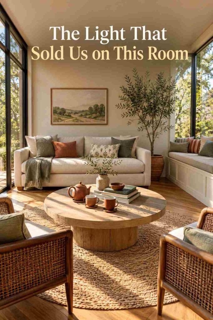 Round wood coffee table styled with a ceramic teapot and cups, softly lit by late-afternoon sunlight.
