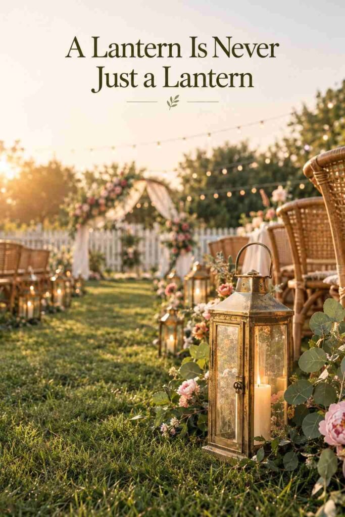 Close-up of an aged brass lantern with a lit candle sitting in the grass beside a wedding aisle, with a woven chair blurred behind.
