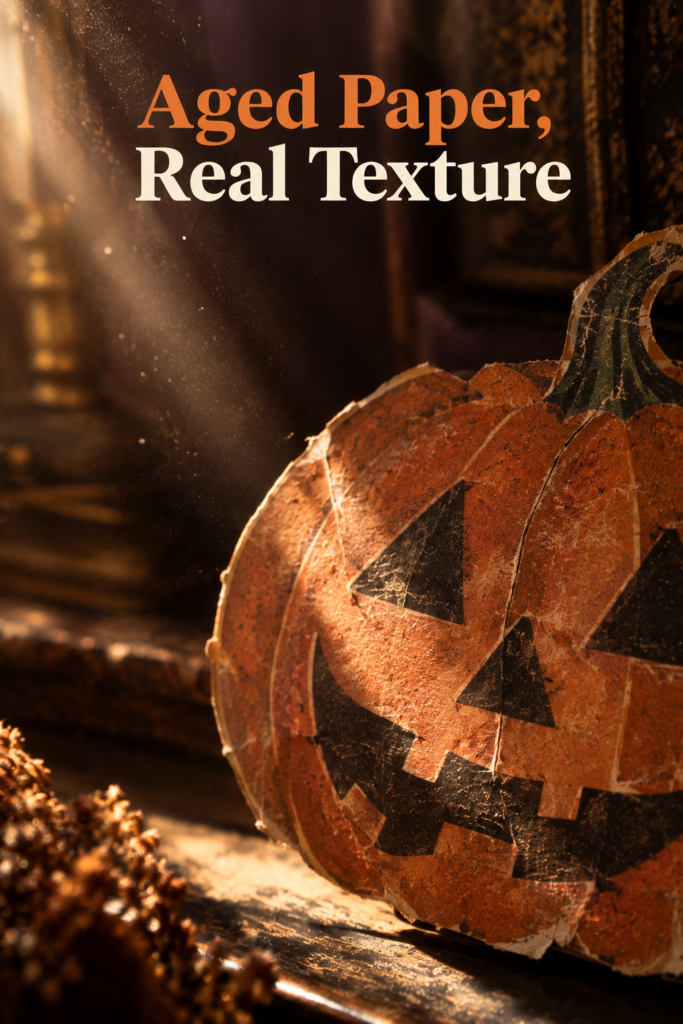 Close-up of an aged, creased die-cut paper jack-o'-lantern decoration with dust visible in warm light.
