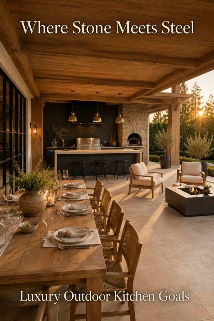Luxury Outdoor Kitchen Ideas That Turn Your Backyard Into a Private Retreat 2 Diagonal view across a covered terrace showing a teak dining table, charcoal stone kitchen island and fire lounge in the distance.