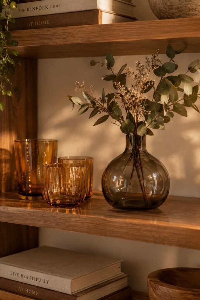 Fall Decor Indoor Ideas to Transform Your Home This Season That Actually Feel Warm 18 Amber and smoked glassware styled on open shelving for fall decor indoor ideas