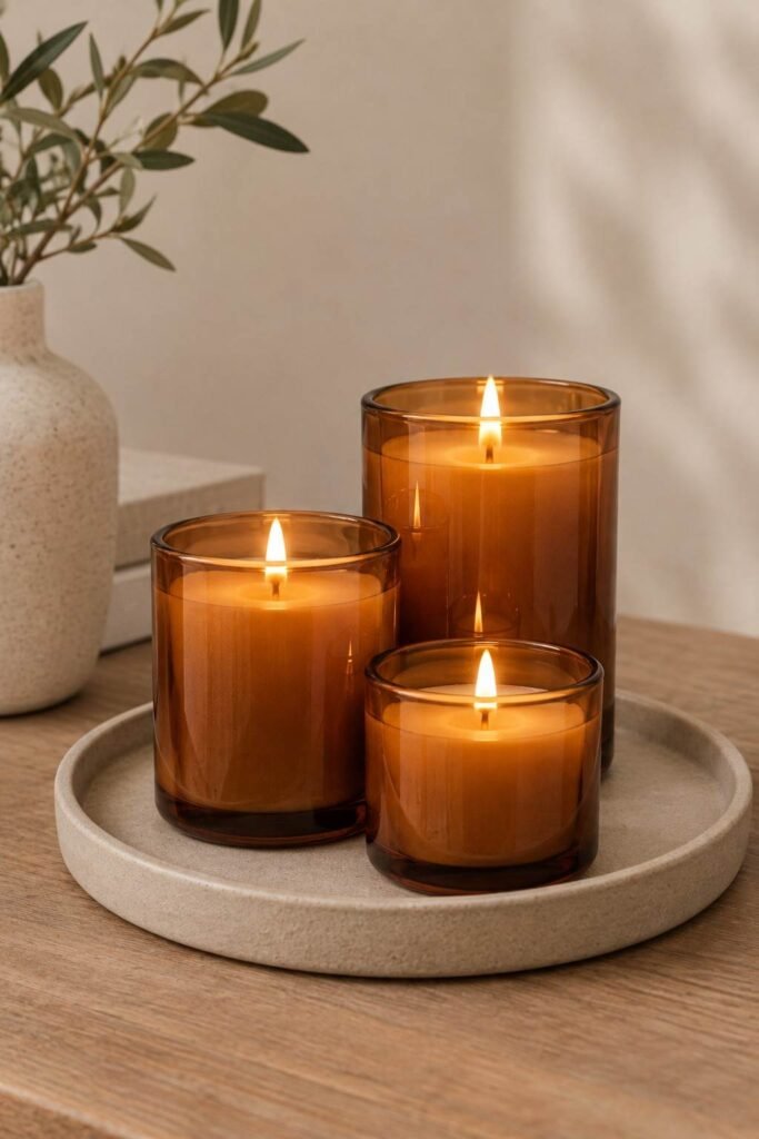 Fall Decor Indoor Ideas to Transform Your Home This Season That Actually Feel Warm 5 Amber glass candles clustered on a tray as part of fall decor indoor ideas styling