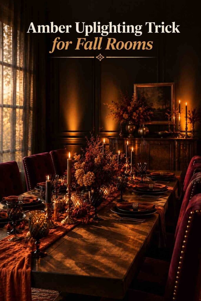 Amber uplighting casting long shadows from candlesticks and dried florals onto a dark paneled wall.