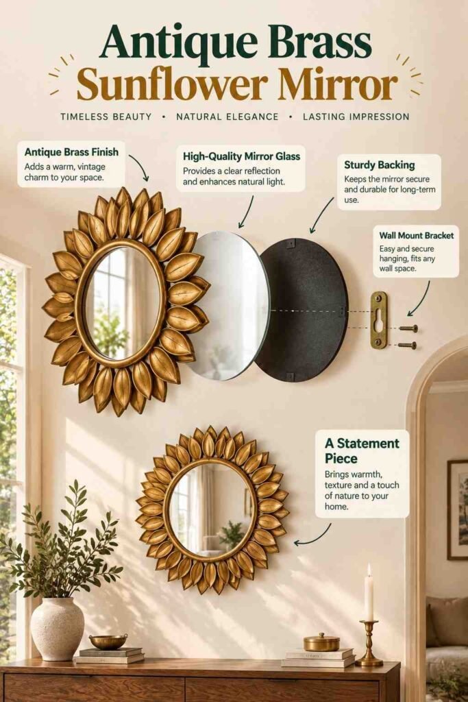 Luxury Floral Wall Mirror Ideas to Transform Your Home in 2026 6 Antique brass sunflower mirror with layered floral frame displayed in an elegant warm-toned interior.