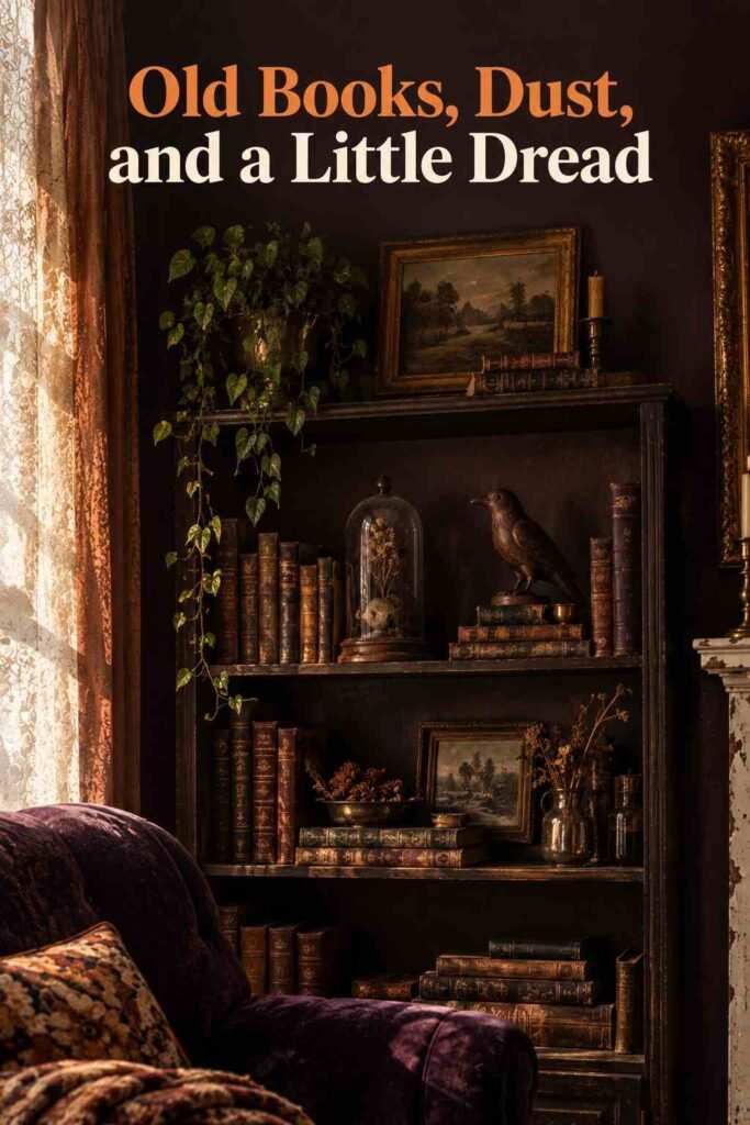 Dark wood bookshelf styled with antique books, a glass cloche, and a wooden crow figurine.