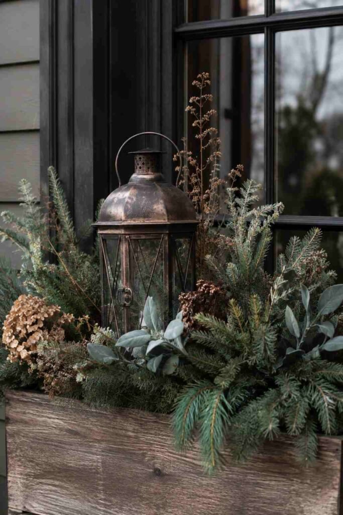 Halloween Window Boxes: Spooky, Elegant & Budget-Friendly Ideas for Every Home 12 Antique-style lantern nestled into greenery in a Halloween window box