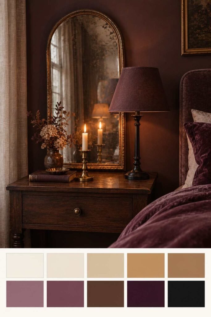 Mirror Table Decor Bedroom: 26 Stylish Ideas for Nightstands, Dressers & Vanities 7 Antiqued mirror on a dark nightstand with candle and dried flowers, with a plum, cream and gold color palette strip below
