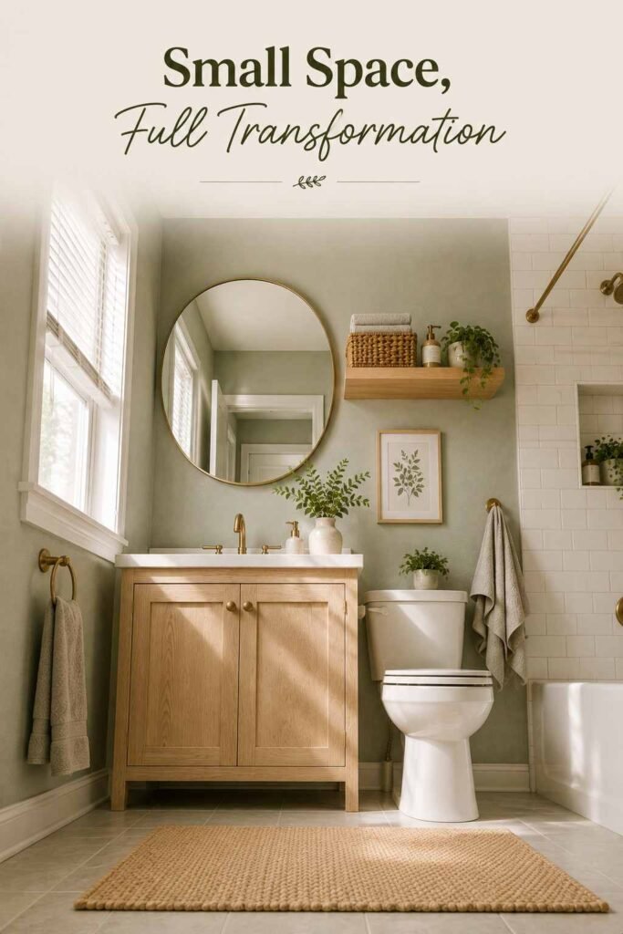 Apartment Bathroom Decor Ideas to Turn a Rental Into a Stylish Retreat 7 Low-angle view of a small apartment bathroom vanity with oak shelving, brass mirror, and sage green accents.