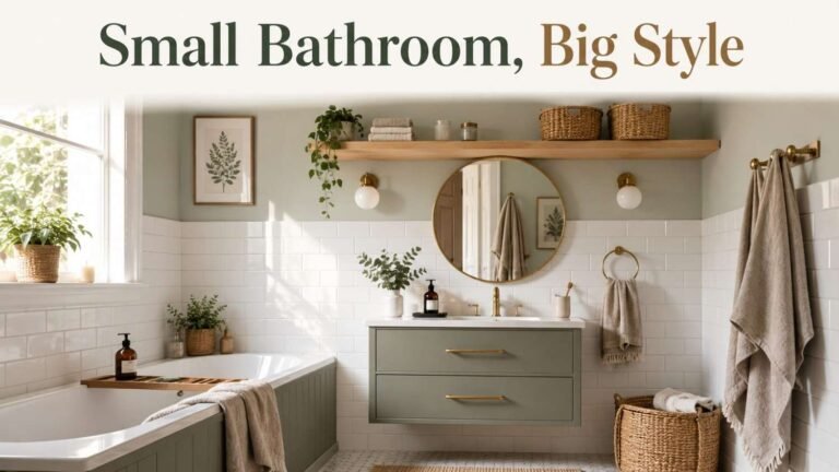 Small apartment bathroom with white subway tile, sage green accents, oak floating shelf, and brass-framed mirror.