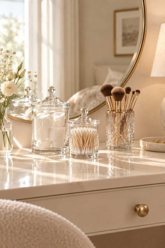 Mirror Table Decor Bedroom: 26 Stylish Ideas for Nightstands, Dressers & Vanities 16 Glass apothecary jars with cotton pads in front of a round vanity mirror